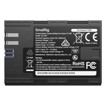 SmallRig 2600mAh LP‑E6P / EN-EL15c / NP-FZ100 USB‑C Rechargeable Fast PD Charging Camera Battery