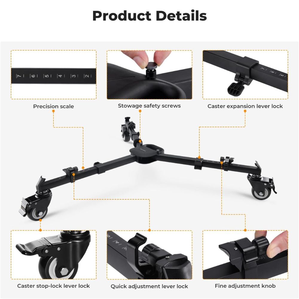 K&F Concept Heavy Duty Aluminum Alloy Universal Tripod Dolly 3 Wheel Base with Buckle Locks, 2 Section Legs, 20Kg Max Load Capacity for Studio Equipment