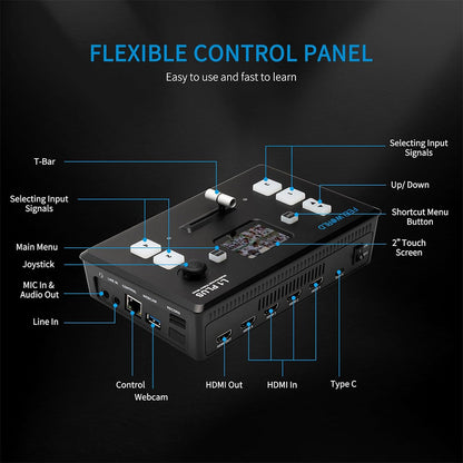 FEELWORLD L1 PLUS Multi-Camera Video Mixer Switcher with 4 HDMI Inputs, 4K 60Hz Support, 2" Touch Screen, PTZ Camera Joystick Control, USB 3.0 Interface, Audio Port, and RJ45 LAN Connection for  Live Streaming, Broadcast, and Conferencing