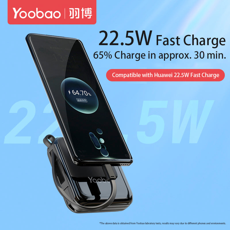 Yoobao LK10 10000mAh 22.5W Fast Charge Digital Display Mini Power Bank with Built-In Type C & Lightning Charging Cable, USB-A & USB-C Port for Phone, Tablet, Camera, iPhone, Android Smartphone, etc. - Black / Purple / Blue | Powerbank