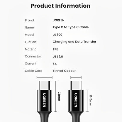 UGREEN 1-Meter USB Type-C PD 100W  Fast Charging and Data Cable Male to Male with 5A Max 480Mbps Transfer Rate, Silicone PVC Jacket, and Multi-Layer Shielding for PC Desktop Laptop Android Mobile Phone Tablet Smartphone Cellphone