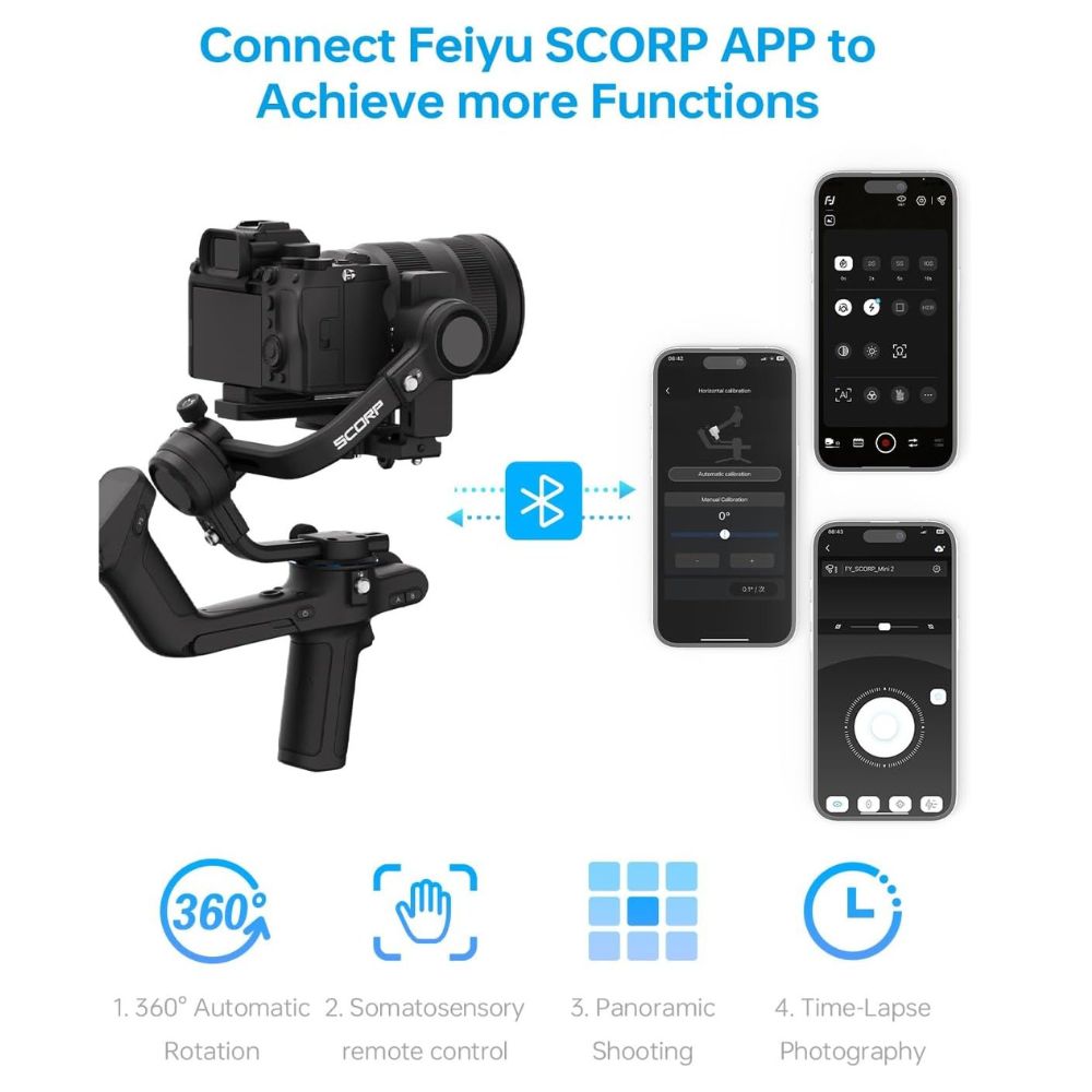 FeiyuTech SCORP 2 Handheld 3-Axis Gimbal Stabilizer with Built-in AI Tracking Module, 2.5kg Max Payload, 12hr Battery Runtime and 1.3" OLED Touchscreen with Wired & Bluetooth Control for DSLR & Mirrorless Cameras
