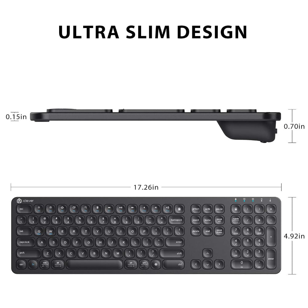 iClever GKA38B 110 Keys 2.4Ghz Wireless Keyboard with Scissor Type Switches, 280mAh Rechargeable, Max 33ft Connection, Ultra Thin Stainless Steel for Windows Mac Desktop PC Computer