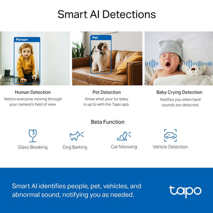 TP-Link Tapo C222 / C220 2K QHD / C200C 1080p Full HD Home CCTV WIFI Camera with 360° Pan / 114° Tilt, Night Vision, Smart AI Motion Detection, 2-Way Audio and 512GB MicroSD Slot for Home Security