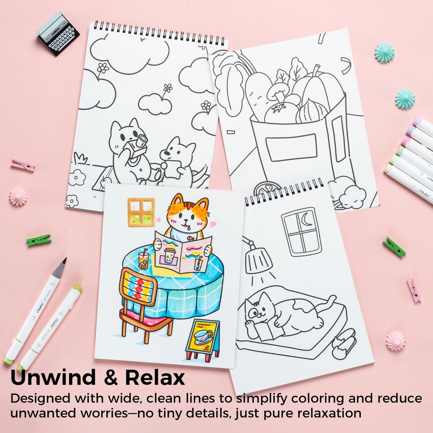Ohuhu Double Sided Bleed Proof Coloring Book Pad with 20 Pages 40 Designs Top Spiral for Arts Crafts Kids Color Sketch