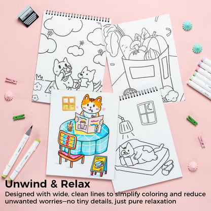 Ohuhu Double Sided Bleed Proof Coloring Book Pad with 20 Pages 40 Designs Top Spiral for Arts Crafts Kids Color Sketch