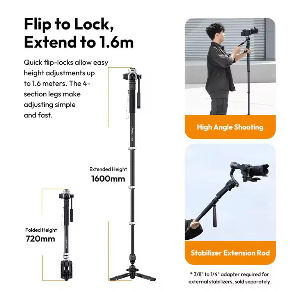 Ulanzi SMOD TB06 Carbon Fiber Video Monopod with 360 / 180 Degree Pan and Tilt, 1.6m Extended Height, 10kg Max Load Capacity and 3kg Ball Head Max Payload for Videography | T034GBB1