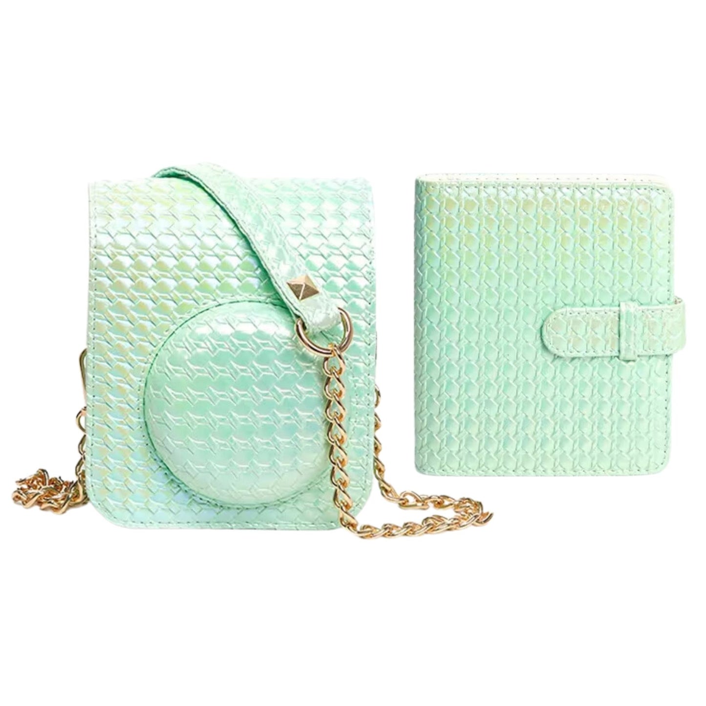 Pikxi Metallic Finish Basket Weave Pattern Photo Album and Case for FUJIFILM Instax Mini 12 Instant Film Camera - Available in Pastel Blue, Blossom Pink, White, Mint Green and Purple Colors