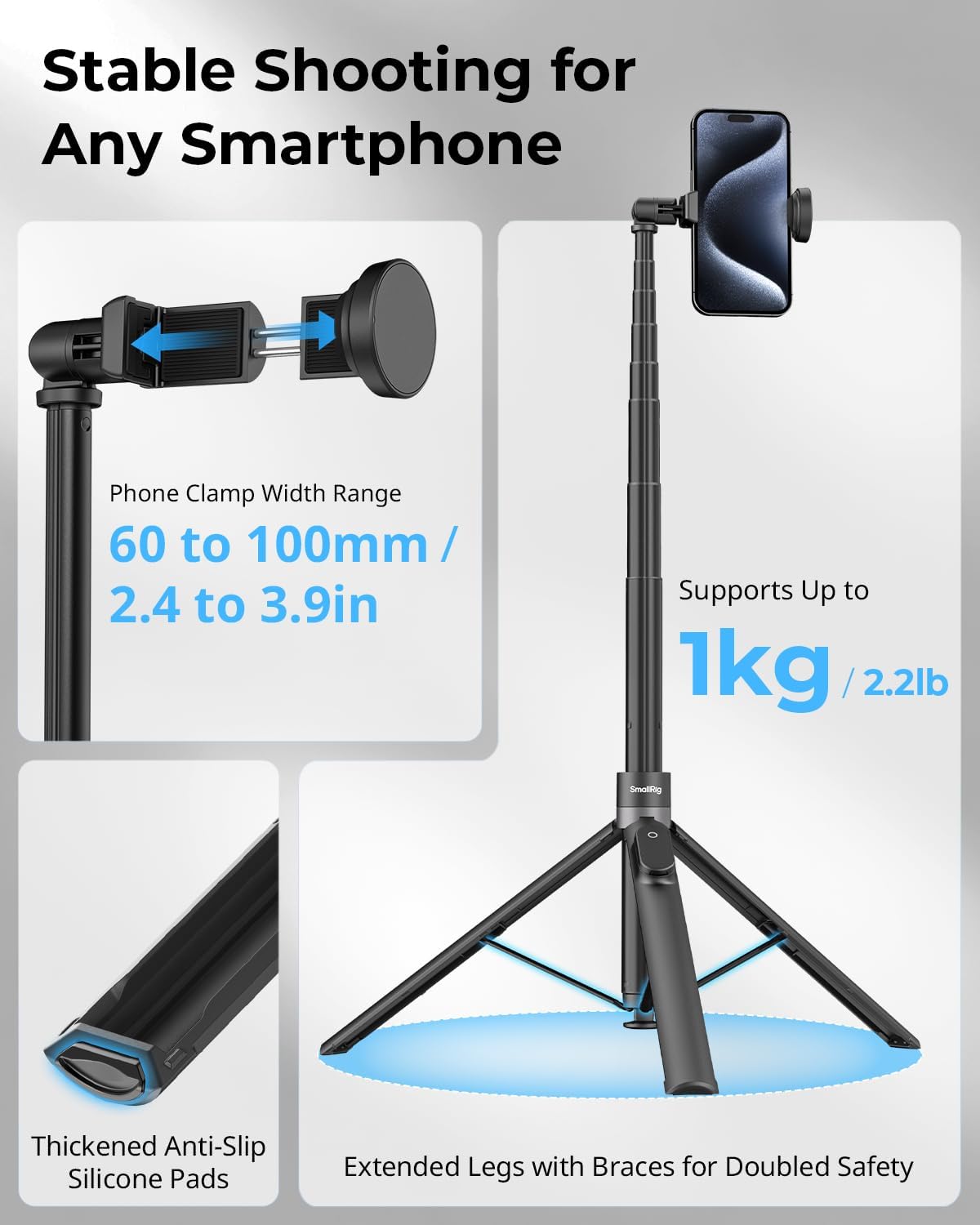 SmallRig ST30 One-Touch Quick Deploy Smartphone Selfie Stick Tripod with Rechargeable Bluetooth Remote Control, Spring Loaded Legs & 168cm Max Height for Vlogging & Live Streaming (6-10cm Wide) | 4898 4926 | Mobile Phone Accessories