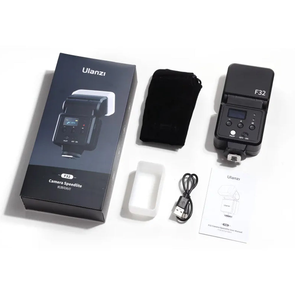 Ulanzi F32 Camera Flash with Universal Hot Shoe with 5600K CCT Color Temperature, GN32 ISO 100, Parameter Setting Display, 90° Up Down Tilt, 1400mAh USB Type-C Charging Port and Diffusion Dome for DSLR Mirrorless Photography