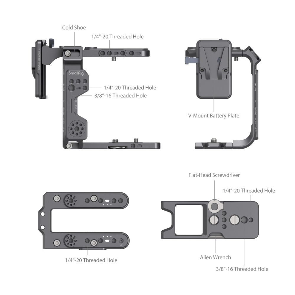 SmallRig Camera Cage Kit for Sony FX6 with V-Mount Battery Plate, VCT-14 Quick Release Base Plate, Cold Shoe Mounts, 1/4"-20 and 3/8"-16 Threaded Holes for Attachments and Accessories | 4124