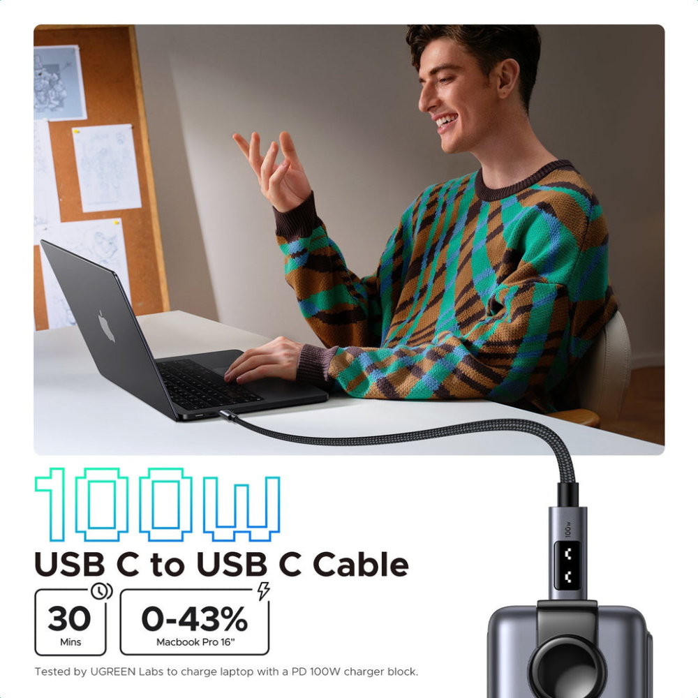 UGREEN UNO 0.5 Meter USB-C to USB-C 100W PD Fast Charging Cable with LED Emoji Display, 480Mbps Data Sync, E-Marker Smart Chip, Braided USB-C Male Cable for Laptop, Tablet, Smartphone and Gaming Devices | L509 (45612) | JG Superstore