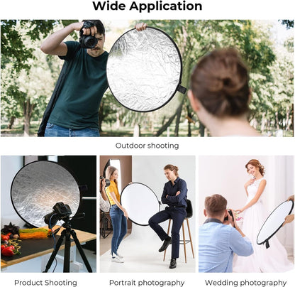 K&F Concept 110cm / 80cm / 60cm / 56cm 5-in-1 Collapsible Photography Circular Reflector with White Translucent Soft Light and Silver, Black, Gold Sided Panel for Portable Outdoor and Indoor Digital Camera Photo Shoot