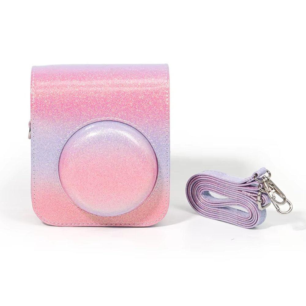 Pikxi Glitter Gradient Style Protective Leather Case Bag for FUJIFILM Instax Mini 12 Instant Film Camera with Body Strap - Available in Blue-Pink, Blue-Green, Pink-Purple and Rainbow Colors