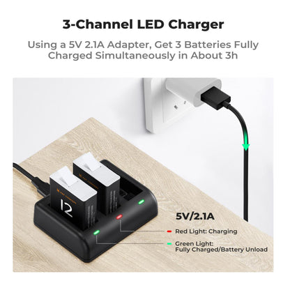 K&F Concept GoPro HERO 12 / 11 / 10 / 9 Action Camera 1730mAh Battery and Charger Set Kit (3-Pack) with 3-Bay Simultaneous Charging & Micro USB / USB Type C Ports