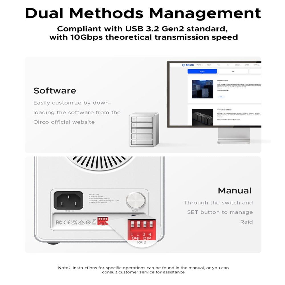 ORICO MacData Vault 5-Bay RAID DAS Solution 5GBPS USB 3.0 Hard Drive Enclosure for 2.5-3.5" SATA SSD/HDD with 110TB Max Storage & Built-In 150W Power Supply for Computer Desktops & Laptops (Windows, MacOS & Linux)