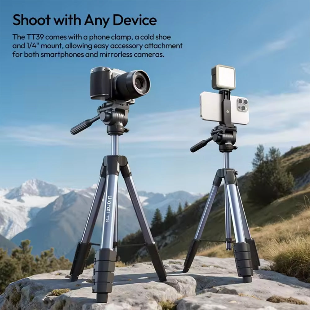 Ulanzi TT39 Aluminum Video Travel Tripod with 360° Panoramic Detachable Fluid Head, 1/4" Screw Mount, 3kg Max Load Capacity and Phone Holder Clamp with Cold Shoe for Photography, Vlogging, Livestreaming & Content Creation