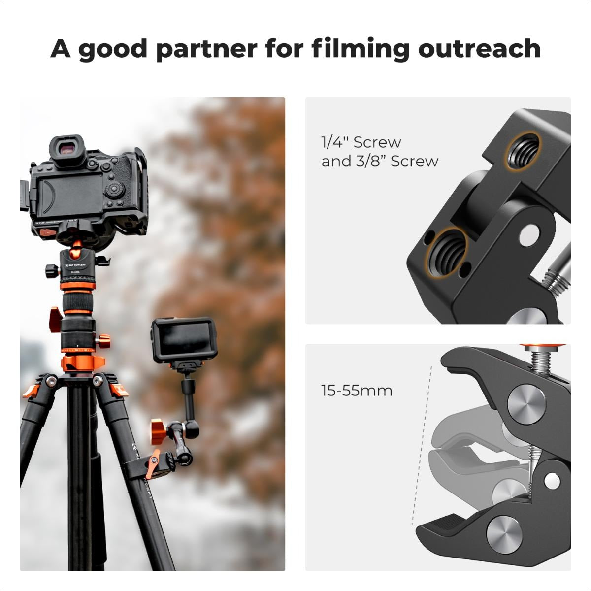 K&F Concept 60mm Super C-Clamp & 11" / 9.8" / 6" Magic Arm Mount with 360° Ball Head, 2kg Maximum Load Capacity, 1/4" & 3/8" Screw for Smartphone Clip, Fill Light, Compact, DSLR, SLR, Mirrorless, Panoramic, Action Cameras