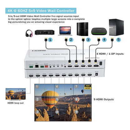 ArgoX 5x9 4K 60Hz HDMI / DP DisplayPort Display Wall Controller with Pass Through, 3D Video Support, Input Source Splicing, and Included Remote Control | HDVW03