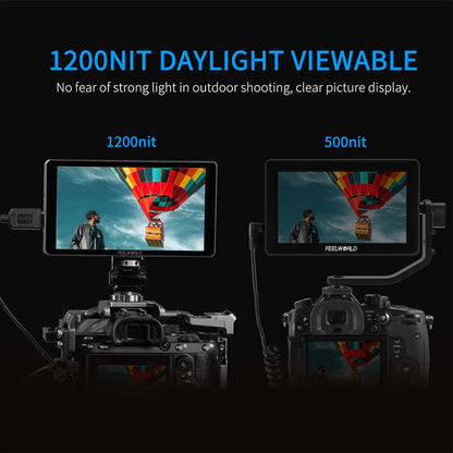 FEELWORLD P6XL 7" IPS On Camera LCD Touchscreen Video Monitor with 4K HDMI Input / Output, HDR, 1200 Nits High Brightness, Custom Load 3D LUTs, 3000mAh Built-in Rechargeable Battery for Videography