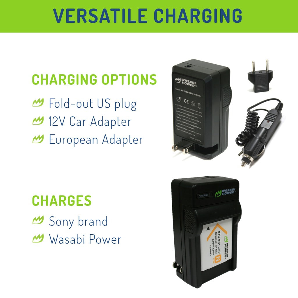 Wasabi Power (2-Pack) SONY NP-BN1 NPBN1 Battery and Charger with Fold Out US Plug, Car Charger and Euro Plug Adapter for Select Sony Cyber-shot DSC-QX10 DSC-QX30 DSC-QX100 DSC-T99 DSC-T110 DSC-WX80 DSC-WX150 DSC-WX220 Digital Camera