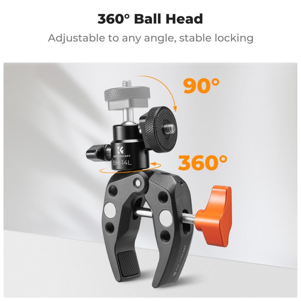 K&F Concept Universal Super C Clamp with 360° Dual Head Magic Arm, 18-60mm Clamping Surface, 1/4"-20 Expansion Ports, & 1.5kgs Load Capacity for Smartphone Clip, Fill Light, Compact, DSLR, SLR, Mirrorless, Panoramic, Action Cameras