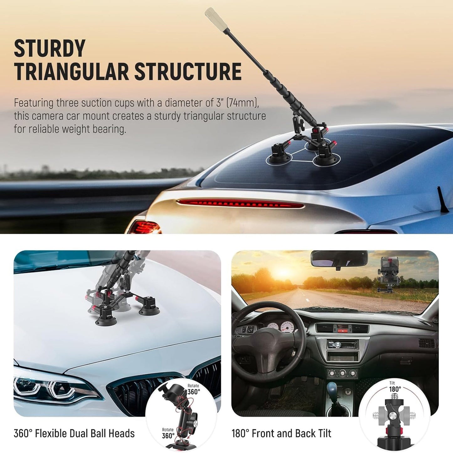 Neewer CA065 Action Camera / Smartphone Triple Powerful Triangular Structure Suction Cup Car Mount Kit Set with 360° Dual Ball Head, 4 Section Telescopic Extension Pole for Videography & Content Creation | 10103631