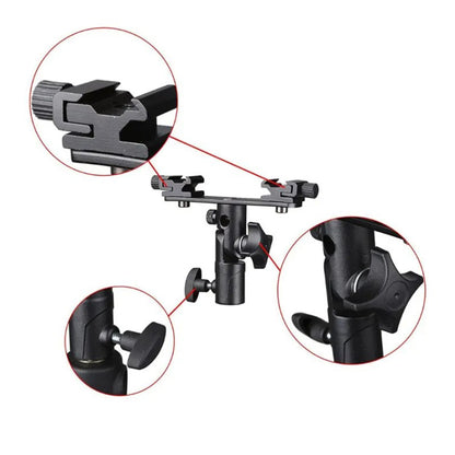 Pxel Quad / Dual Light Stand Bracket with Umbrella Reflector Holder, 1/4 & 3/8 Inches Cold Shoe with 180° Vertical Adjustment & Adjustable Hot Shoe Mount for Camera Flash Speedlite, Studio Lights & Photography Accessories | LS12 LS13