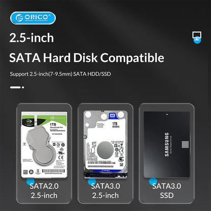 [CLEARANCE] ORICO M25U3 2.5 inch SATA to USB 3.0 Micro-B Hard Drive Enclosure Tool-Free with Micro-B to USB-A Data Cable, 5Gbps Fast Data Transmission Rate, 4TB Max. Supported Capacity, No Extra Power Needed for Windows, macOS, Linux