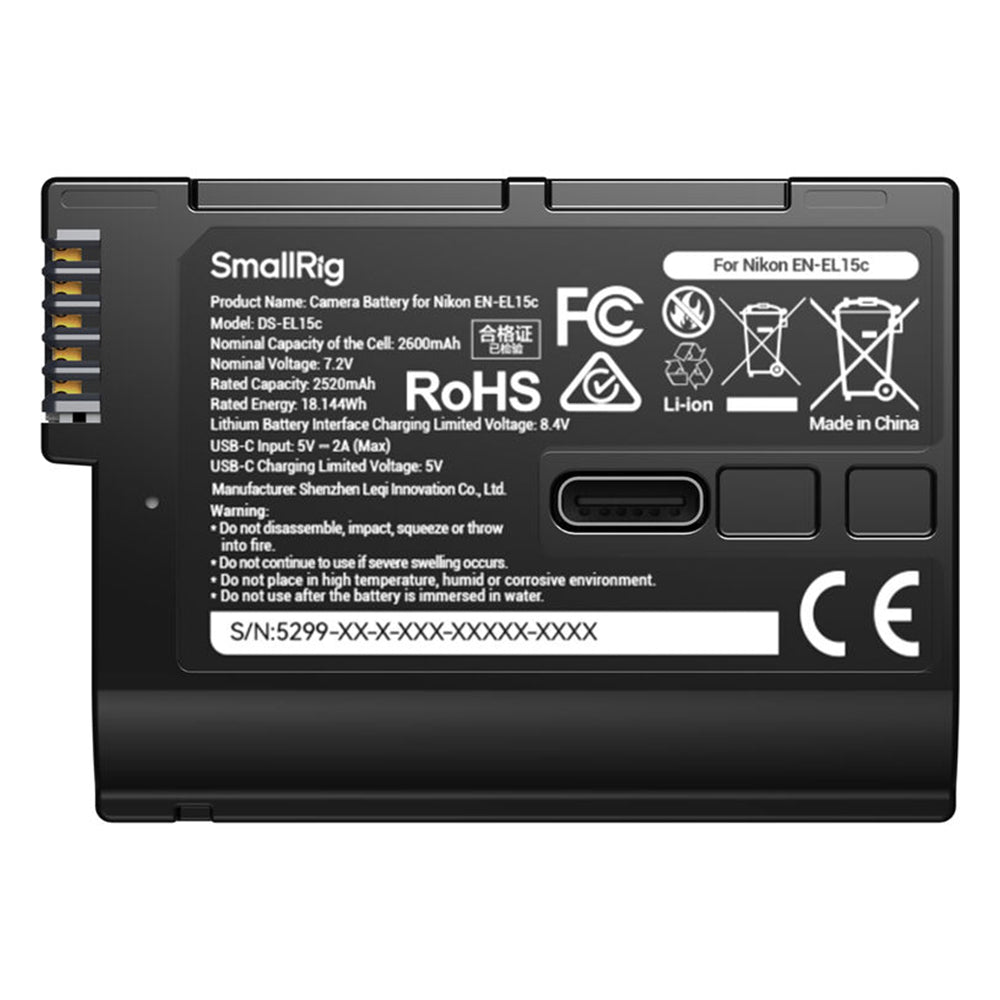SmallRig 2600mAh LP‑E6P / EN-EL15c / NP-FZ100 USB‑C Rechargeable Fast PD Charging Camera Battery