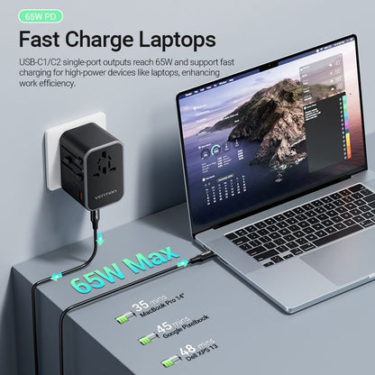 Vention 65W Multi-Port Universal Travel Adapter with GaN Fast Charging USB PD Ports, US/AU/UK/EU Male and Female Plugs for Smartphone, Tablet, Laptop etc. | FJDB0