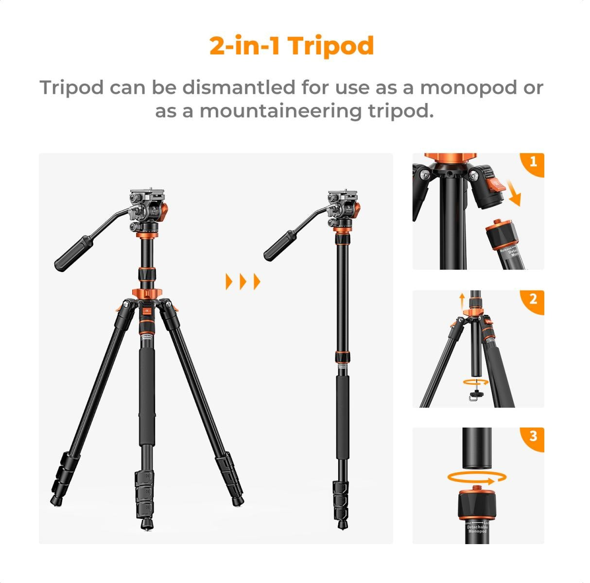 K&F Concept 4-Section Tripod Monopod and 360 Degree Panoramic Fluid Hydraulic Head with Arca Swiss QR Plate, 5Kg Max Load Capacity and 83" Max Operating Height for Videography and Photography | KF09-136