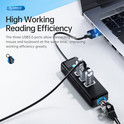 [CLEARANCE] ORICO 4-in-1 USB-A 3.0 Data Hub with 5Gbps USB-A 3.0 Input, 2.5Gbps Ethernet, 5Gbps USB 3.0 Type A Output for Windows 8/10, macOS, Linux | Blue