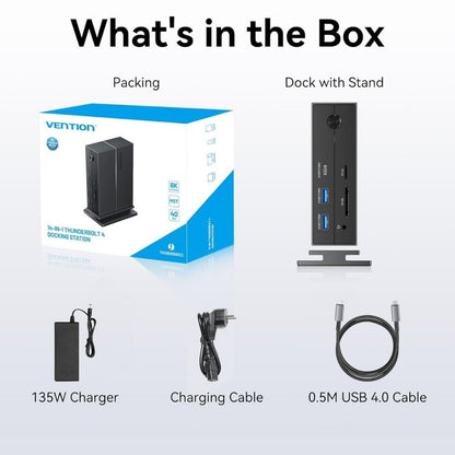 Vention TPFH0 Thunderbolt 4 14-in-1 Multifunctiol Docking Station with 40Gbps Fast Transfer Rate, 8K 30Hz UHD, Intel Certified, PD 60W, 10Gbps USB 3.2 Type-C Gen 2, USB-A 3.2 Gen 2, 5Gbps USB-A 3.0, 3.5mm AUX, 1000Mbps, SD & TF Card Slot
