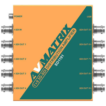 AVMatrix SD1191 1×9 SDI Reclocking Distribution Amplifier with 3G/HD/SD-SDI Multi-rate Signal Processing, 9 Buffered and Re-clocked Outputs, Support DVB-ASI Signals, LED Indicators, Locking Power Supply, and Mounting Ear
