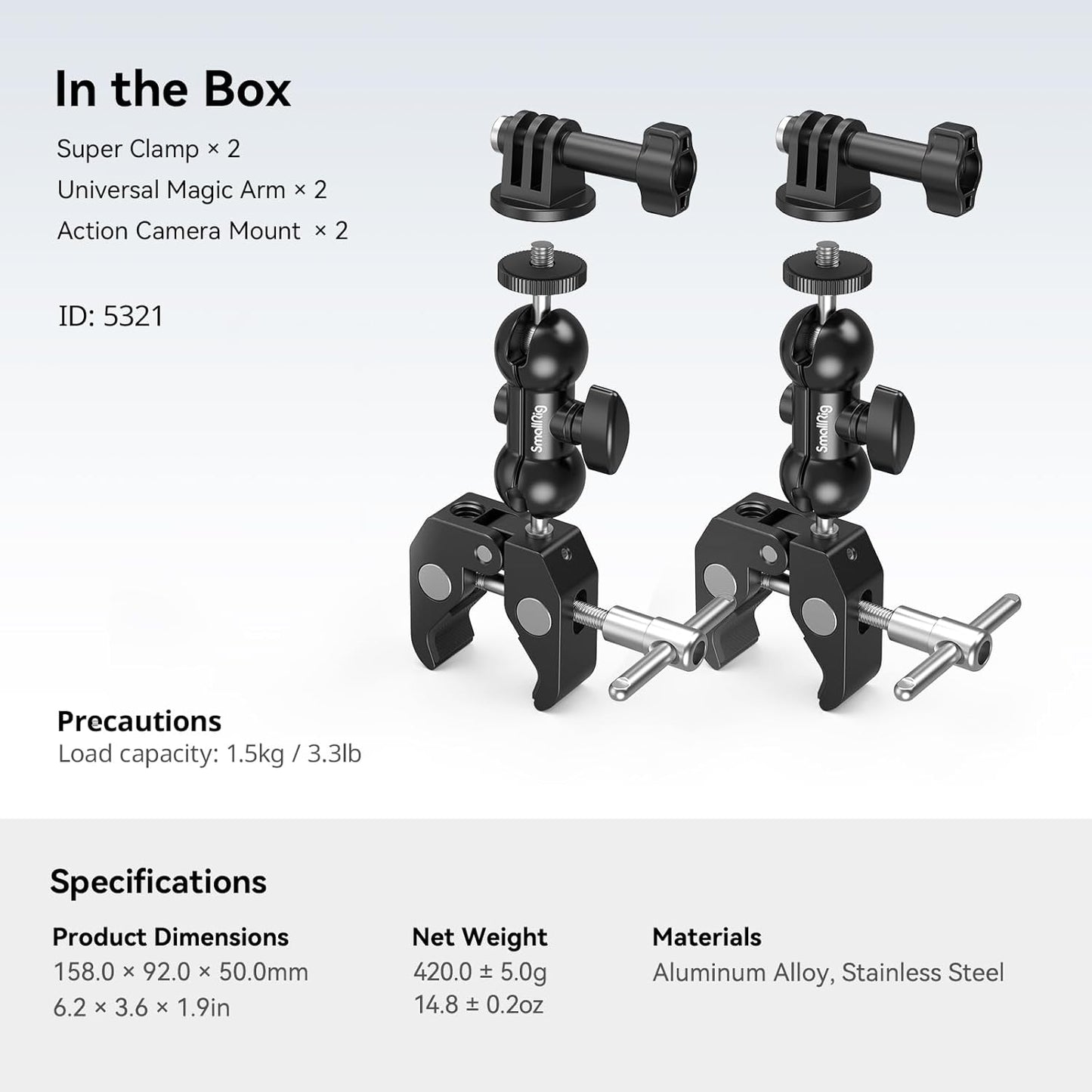 SmallRig (2-pack) Crab-Shaped Super Clamp Kit with Universal 1/4"-20 Screw, Dual-Ball Head Up to 1.5kg Max Payload, Mount for GoPro Hero, Insta360 & DJI Osmo Action Camera | 5321