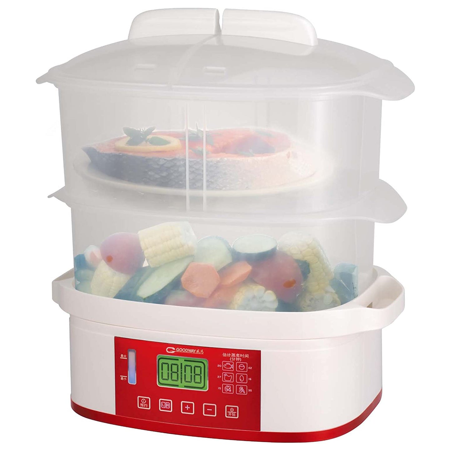 Goodway GF-350TA 750W Double Layer Multi-Purpose Food Steamer with 2 Tier Steam Basket, Twin Heating Coils, and 1.2 Liter Fluid Capacity for Home Cooking