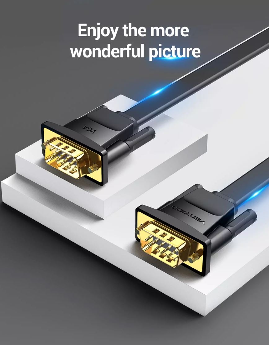 Vention 1080p Flat VGA Gold Plated (3+6) Male to Male 1-Meter Gold Plated (DAI) HD Video Connector for TV,PC, Projector, Monitor