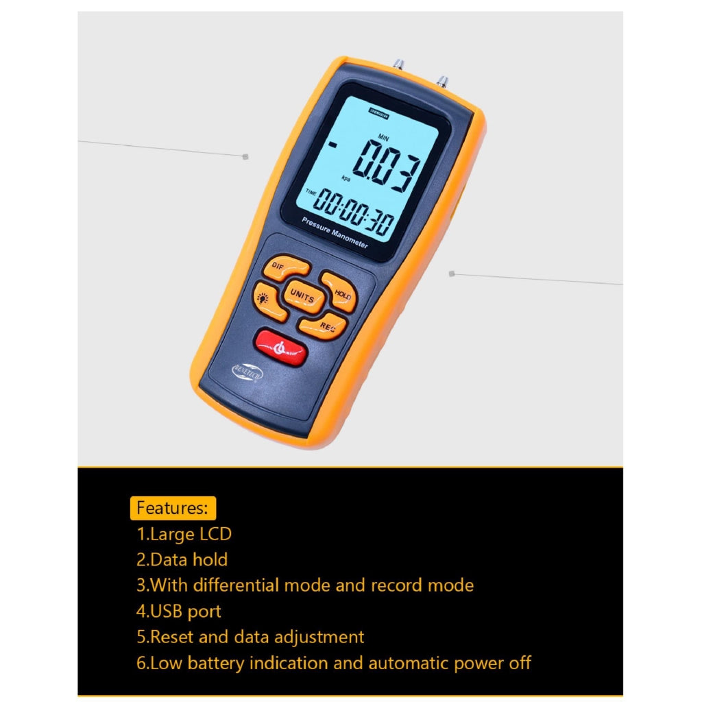 [CLEARANCE] Benetech GM520 Digital LCD Display Pressure Manometer +/-0.3% FSO(25degree) Pressure Manometer