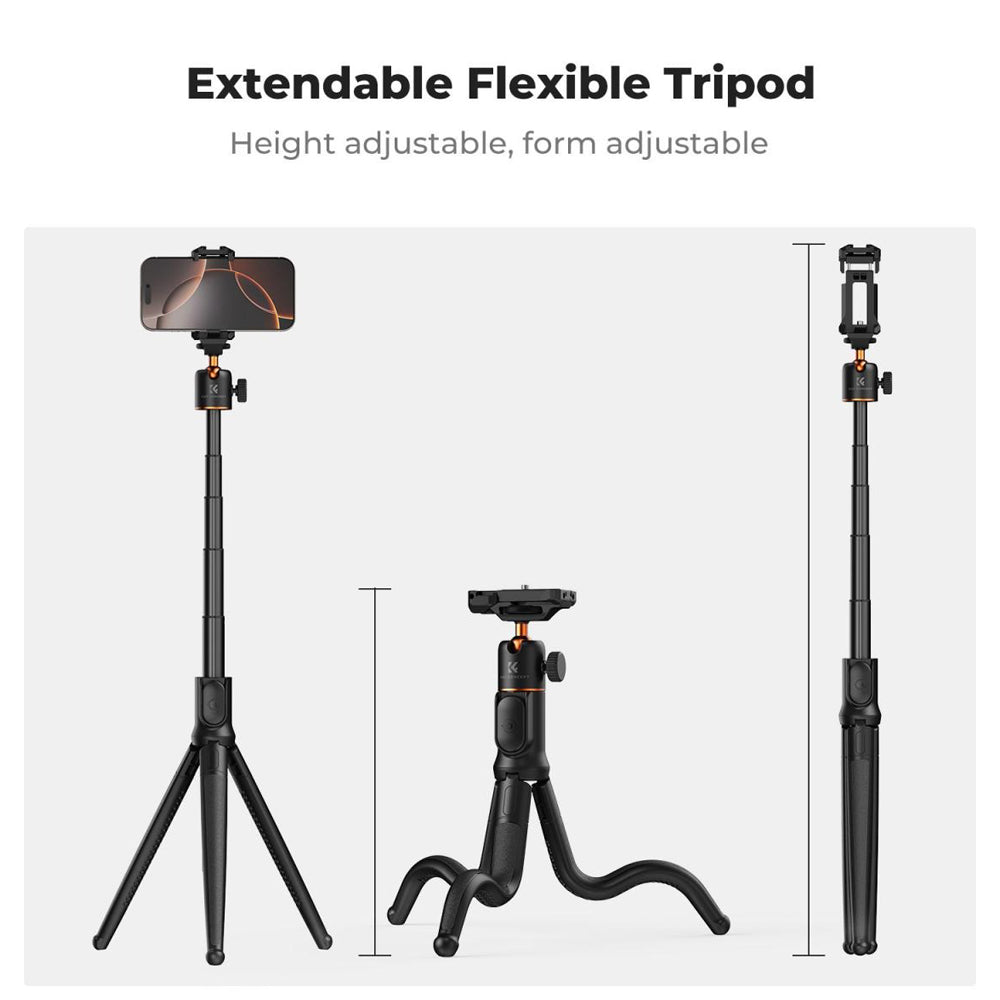 K&F Concept MS29 Extendable Flexible Tripod + Remote with 10m Wireless Range, Max 23.6" Height, 2kg Max Load Capacity, 360° Pan / 90° Tilt Ball Head with 2 in 1 Phone Clip for Smartphones, Action Cameras and Mirrorless Camera