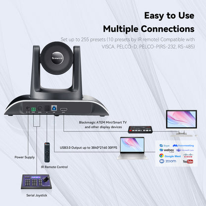 Tenveo Tevo 12X Zoom 8MP 4K Ultra HD PTZ Video Conference Camera - USB 3.0 / HDMI / RS232 / RS485 with IR Remote Control for Business Meeting, Events, Church, Online, Education, and Training Video Recording | VHDPRO12U-4K