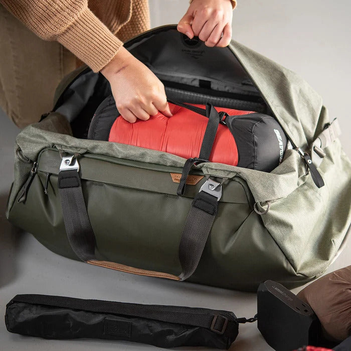 Peak Design 65L Travel Duffel Weatherproof Bag with Padded Straps, 6 Total Pockets | Sage