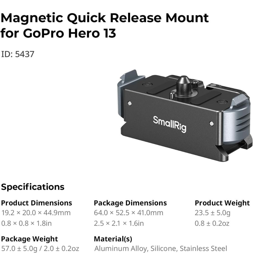 SmallRig QR Quick Release Adapter Mount for GoPro HERO13 Black Action Camera with Folding 2-Prong Base, 1/4"-20 Mounting Threads, Non-Slip Silicone Pads | 5437