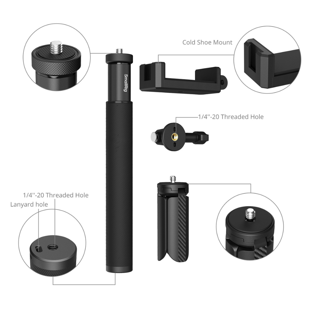 SmallRig Extendable Selfie Stick with Mini Tripod Leg & Phone Mount for Action Cameras & Smartphones, Up to 37.4" Max Height, Portable Aluminum Pole for GoPro, Insta360, DJI Action
