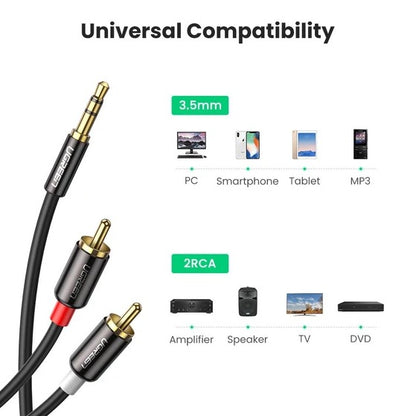 UGREEN 3.5mm AUX Male to 2 RCA Male Audio Jack Gold-Plated Cable for Audio Devices (Available in 3M, 5M) (Gray) | 1051