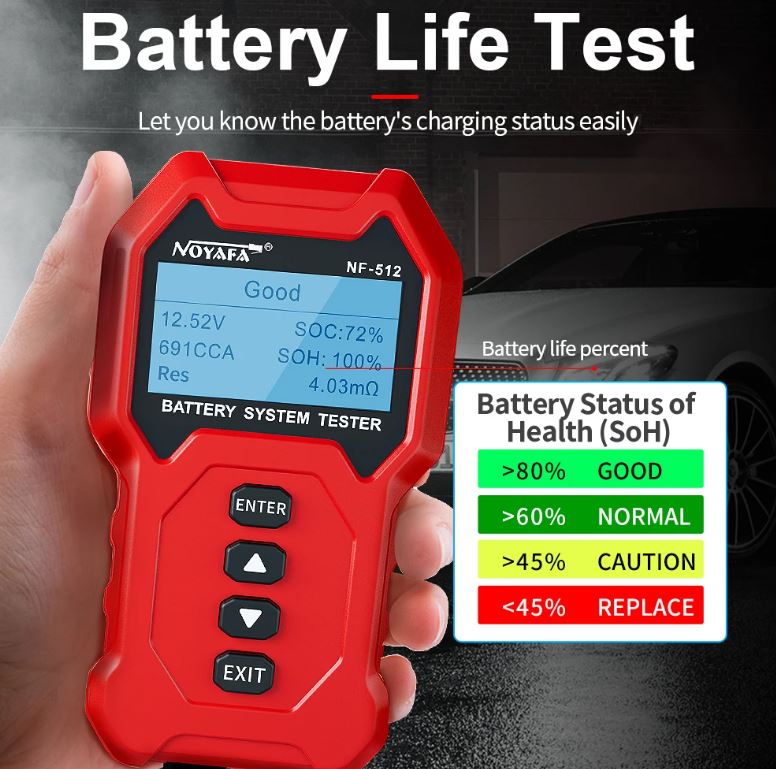 Noyafa NF-512 12V 24V Battery Tester and Battery Analyzer with CCA/ Resistance/ Voltage Quick Load Plug Cranking test Diagnostic tools for Automobile and Motorcycle