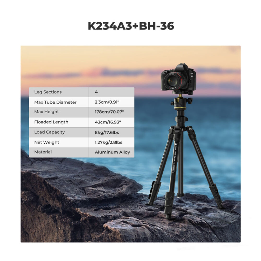 K&F Concept K234A3 Aluminum Camera Tripod with Arca-Type Quick Release Ball Head & Smartphone Holder - 178cm Max Height, 8kg Load Capacity, 4-Section Legs with Flip Locks