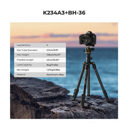 K&F Concept Aluminum Camera Tripod with Arca-Type Quick Release Ball Head & Smartphone Holder - 178cm Max Height, 8kg Load Capacity, 4-Section Legs with Flip Locks for DSLR, Mirrorless & Smartphones