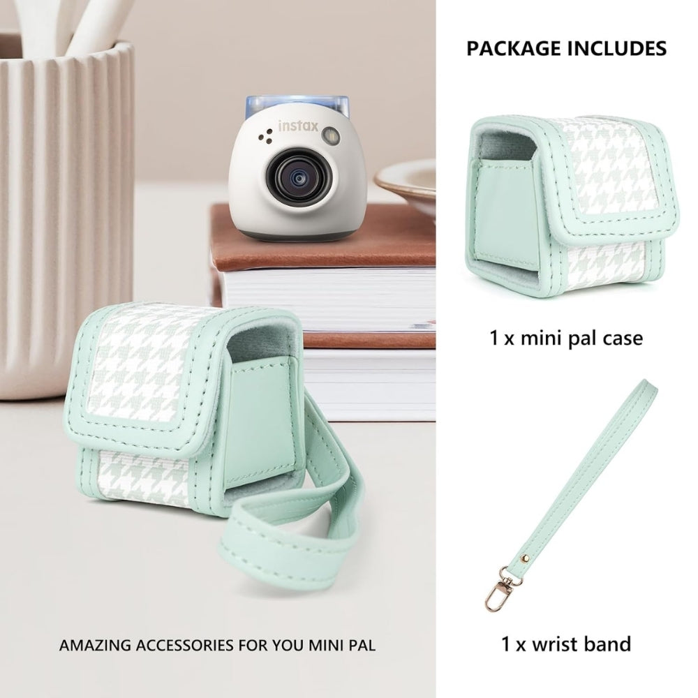 Pikxi Plaid Style Tiny Protective Leather Case for FUJIFILM Instax Pal Camera with Wrist Strap - Available in Black, White, Brown, Blossom Pink, Pastel Blue, and Mint Green Colors