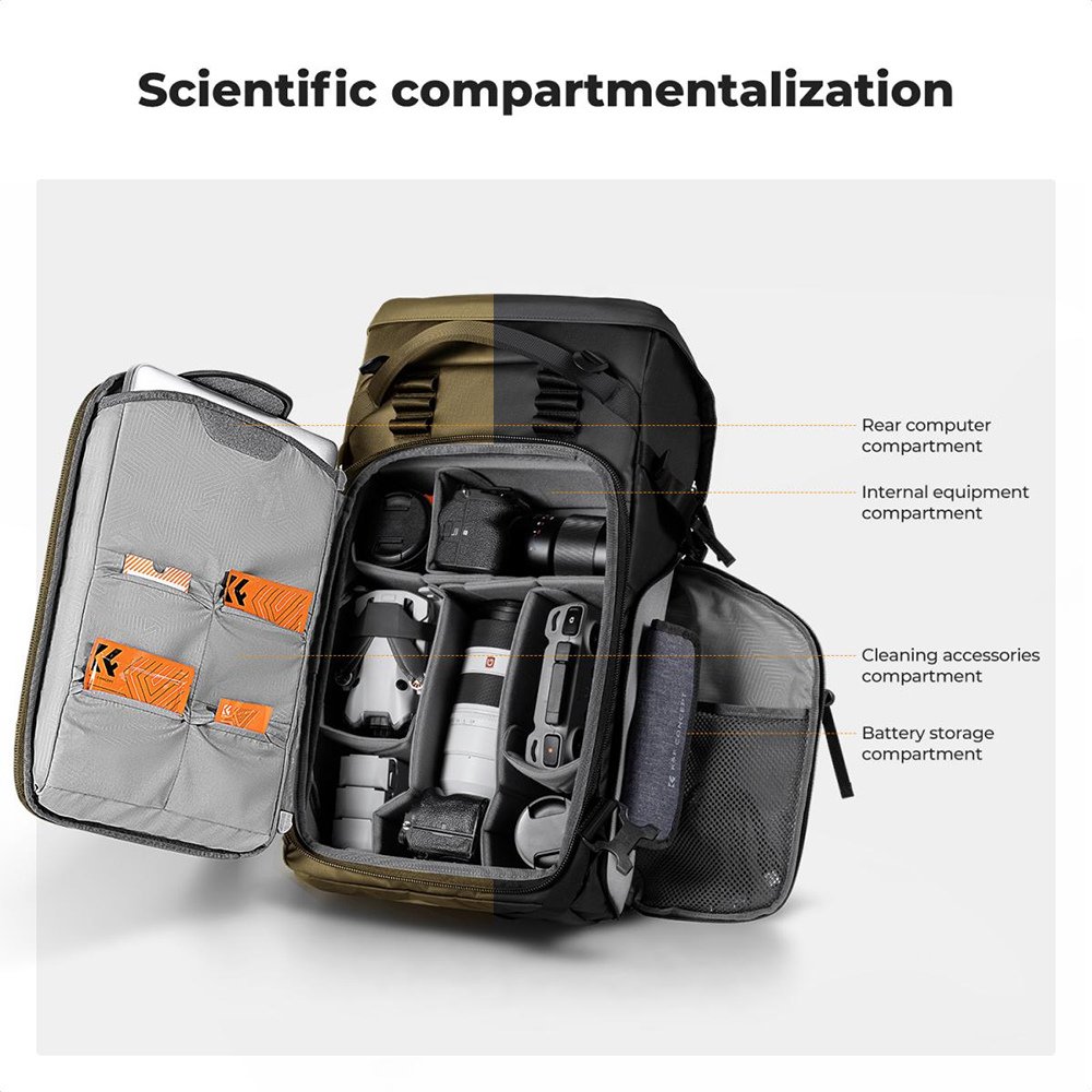 K&F Concept 30L Professional Camera Backpack with 15" Laptop Compartment, Removable Inner Pouch, Multiple Pockets, Adjustable Straps, Water-Resistant, Ergonomic Design for DSLR, Mirrorless Cameras, Drones, Lenses & Accessories